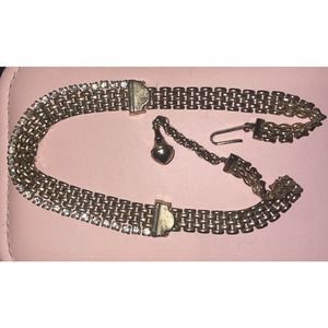 VINTAGE Gold Tone Wide Chain Panther Link Necklace Clear Rhinestone Choker